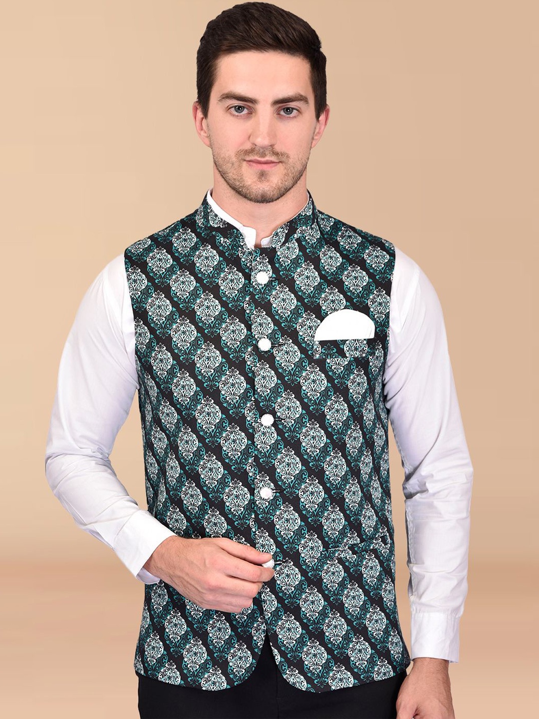 

PRINTINDIA Men Printed Mandarin Neck Nehru Jacket, Black