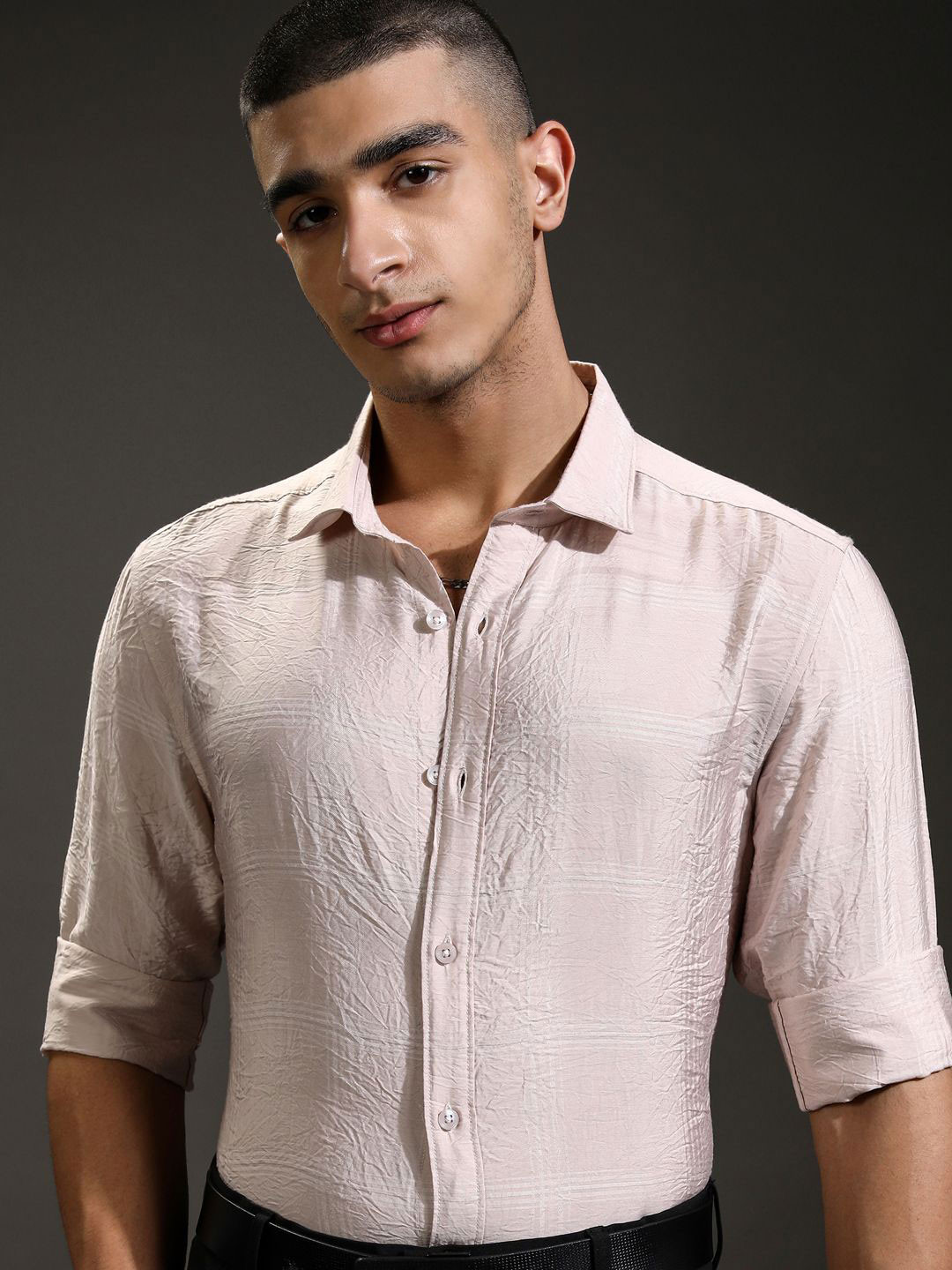 

HIGHLANDER Men Jacquard Textured Checked Slim Fit Occasion Shirt, Pink