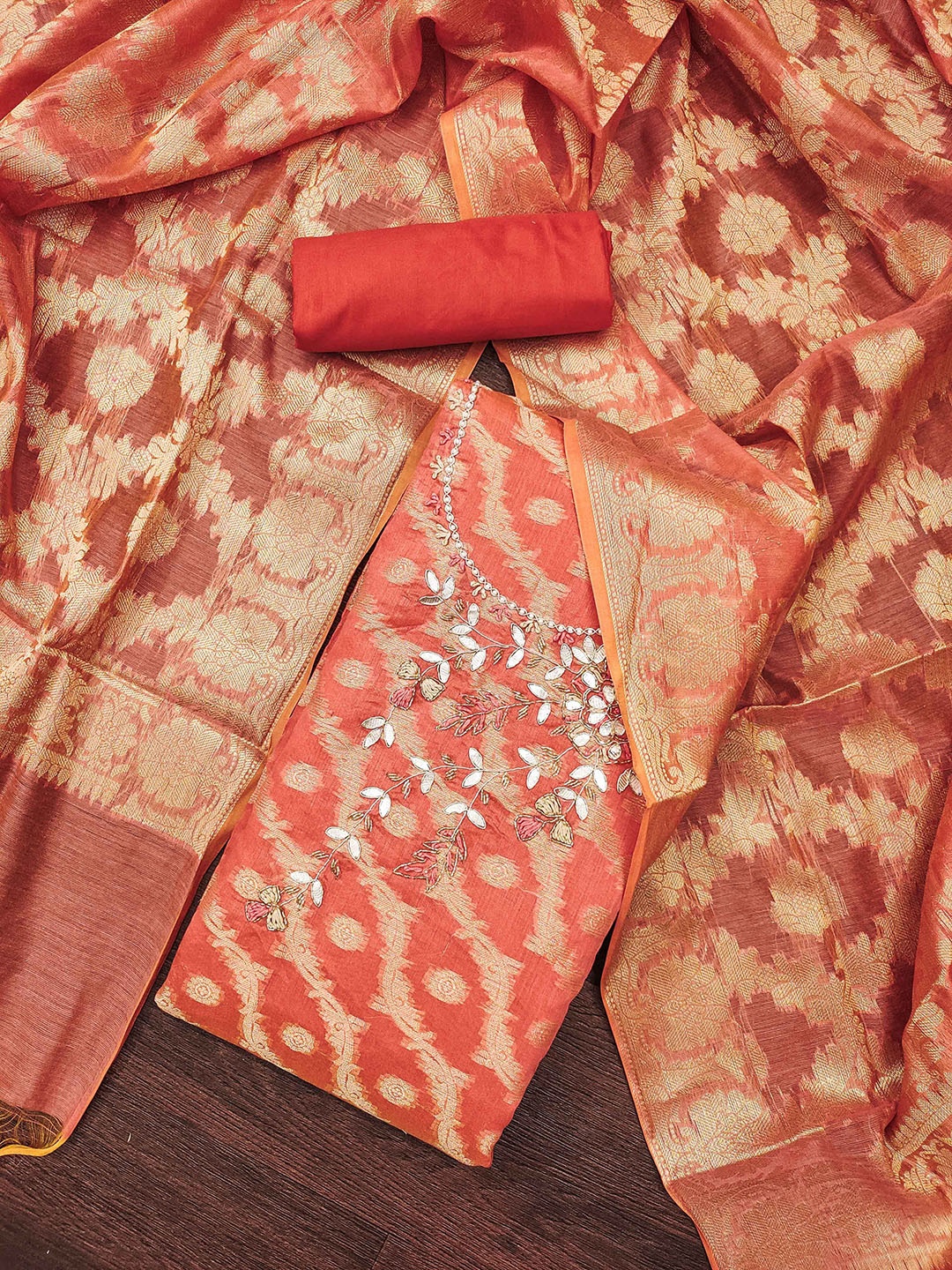 

Maroosh Floral Woven Design Zardozi Unstitched Dress Material, Peach