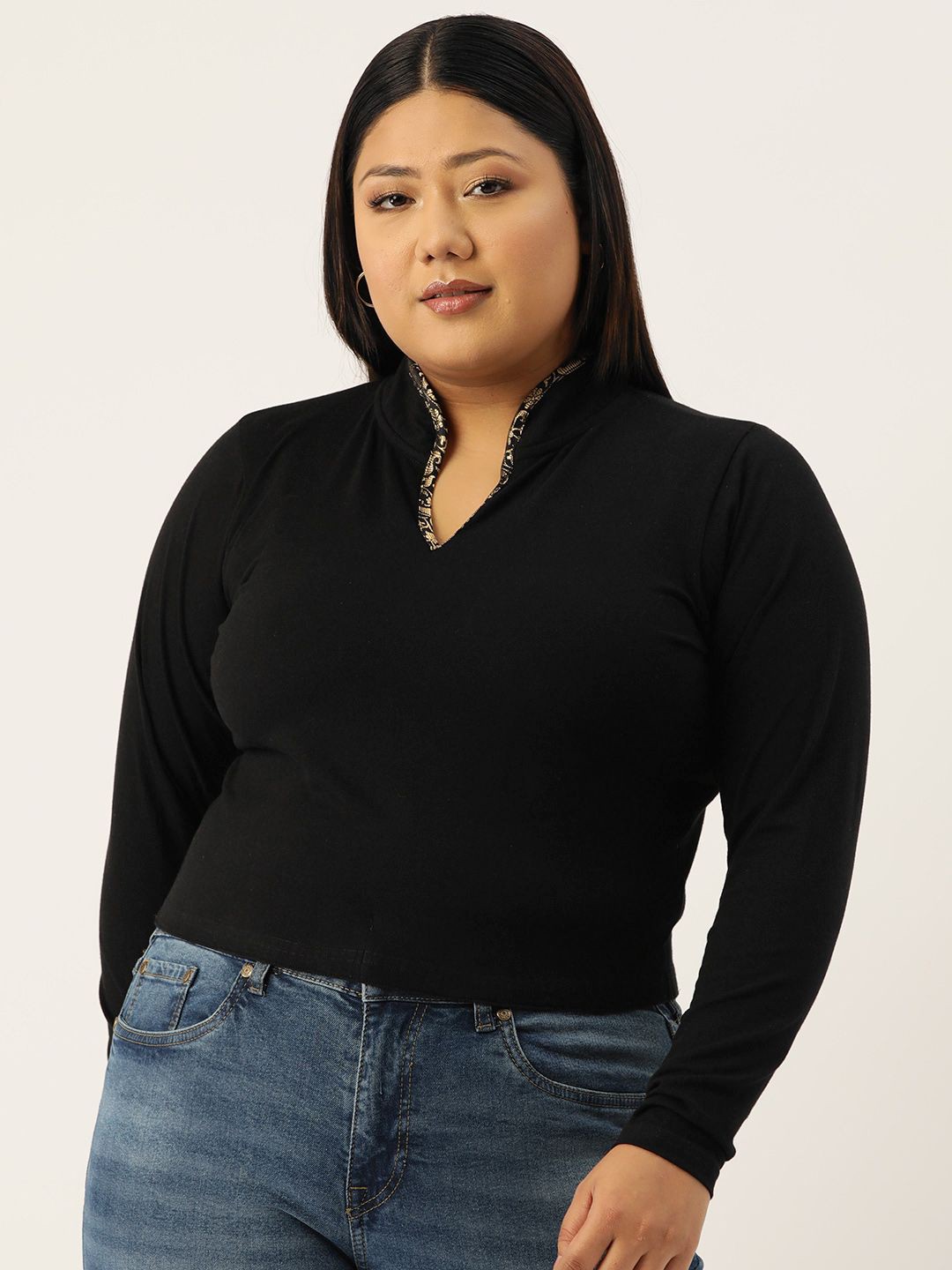 

theRebelinme Mandarin Collar Cotton Crop Top, Black