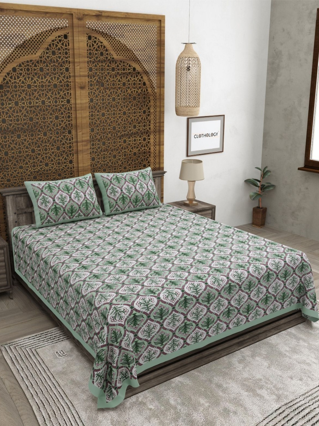 

CLOTHOLOGY Green & Purple Floral Printed180 TC Cotton King Bedsheet Set 2.75 m x 2.25 m