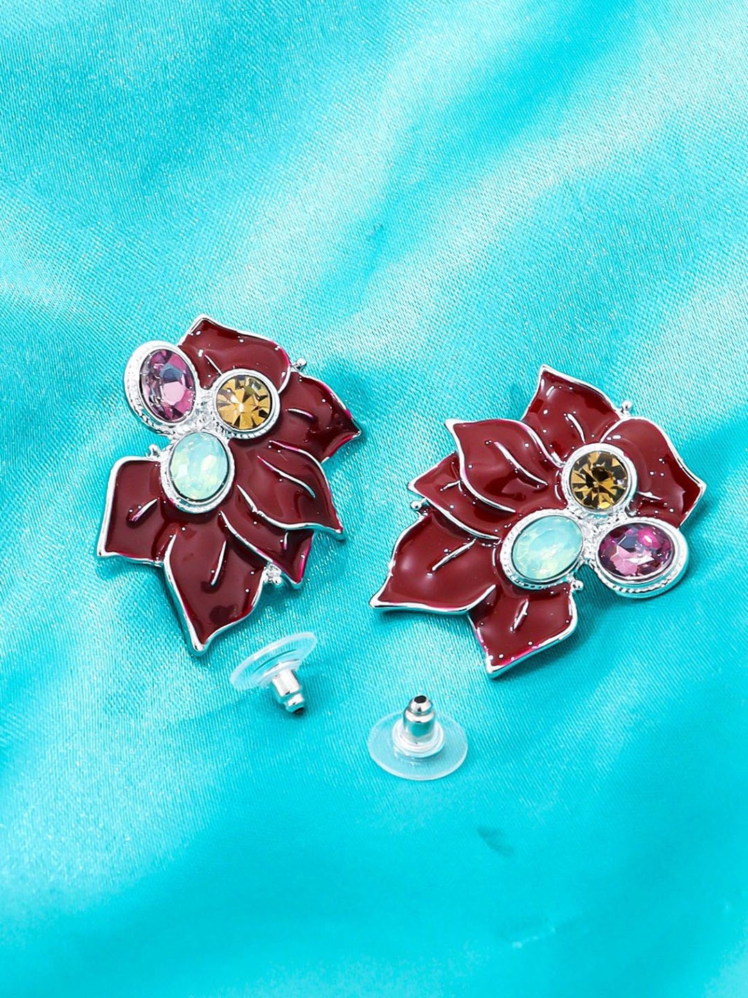 

KRENOZ Silver Plated Rhinestone Studded Floral Studs Earrings, Maroon