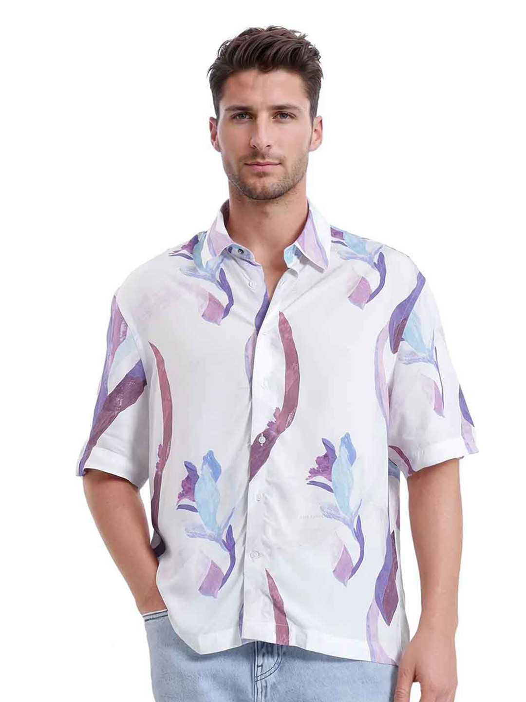 

RARE RABBIT Men Comfort Spread Collar Floral Printed Casual Shirt, Off white