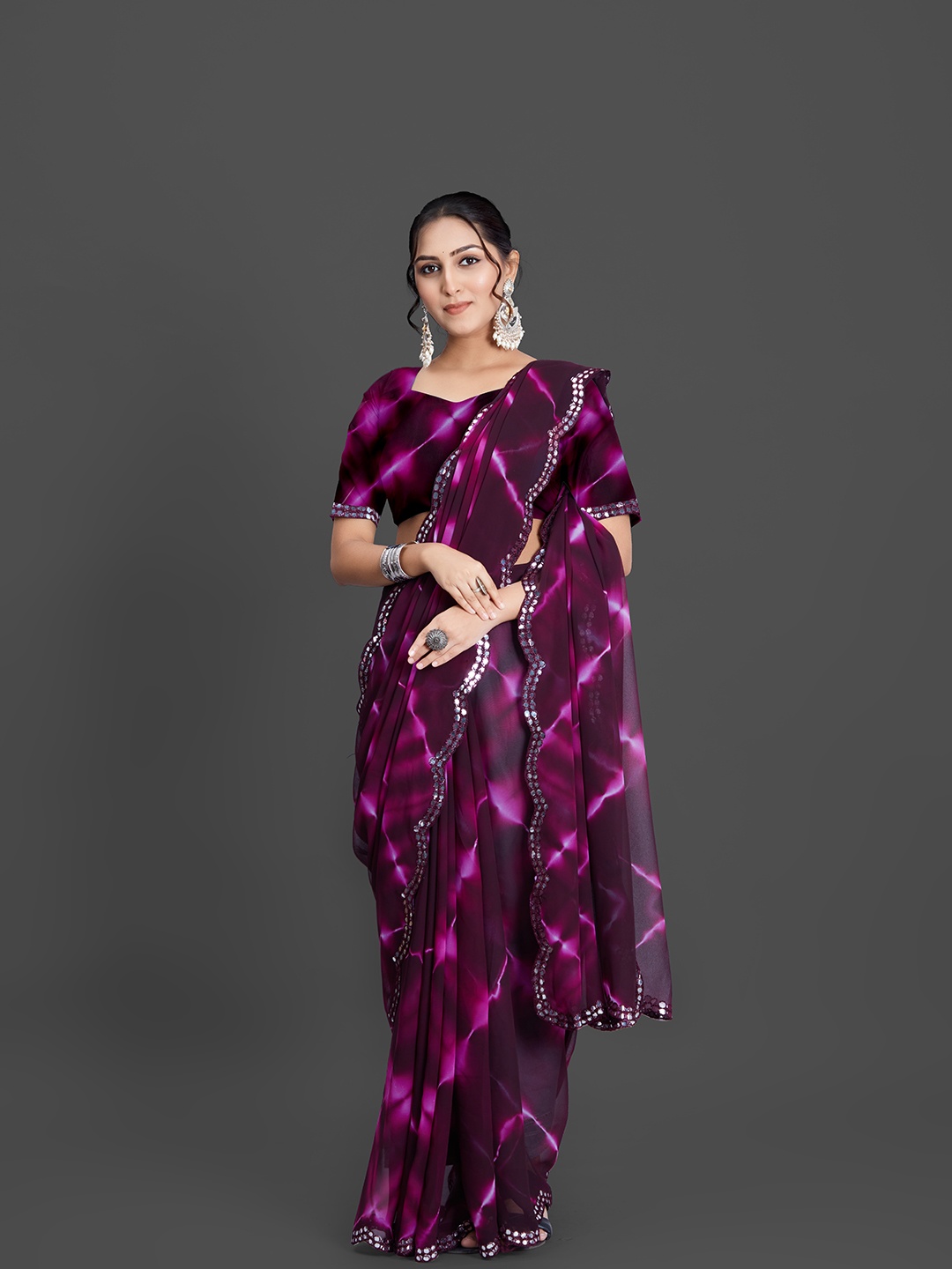 

A.V.M Prints Tie and Dye Sequinned Pure Georgette Saree, Purple