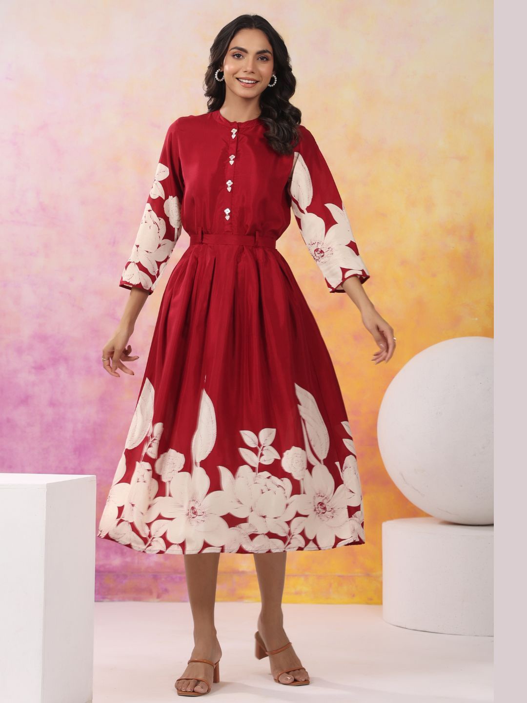 

Kaftanize Floral Print Fit & Flare Midi Dress, Red