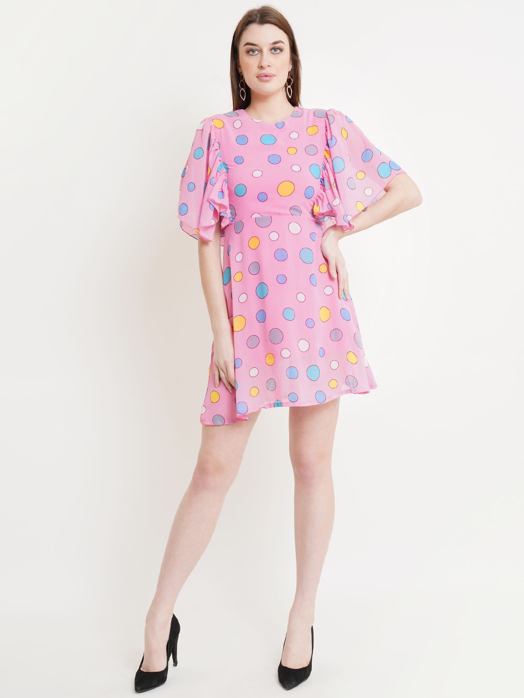 

DODO & MOA Floral Print Flared Sleeve Georgette Fit & Flare Dress, Pink