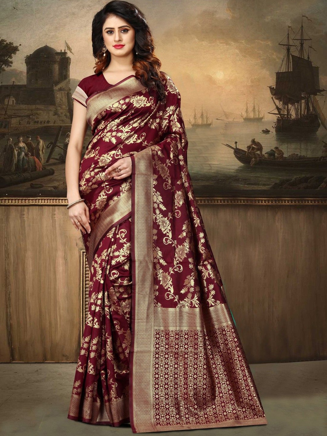 

KALINI Woven Design Zari Silk Blend Designer Kanjeevaram Saree, Maroon