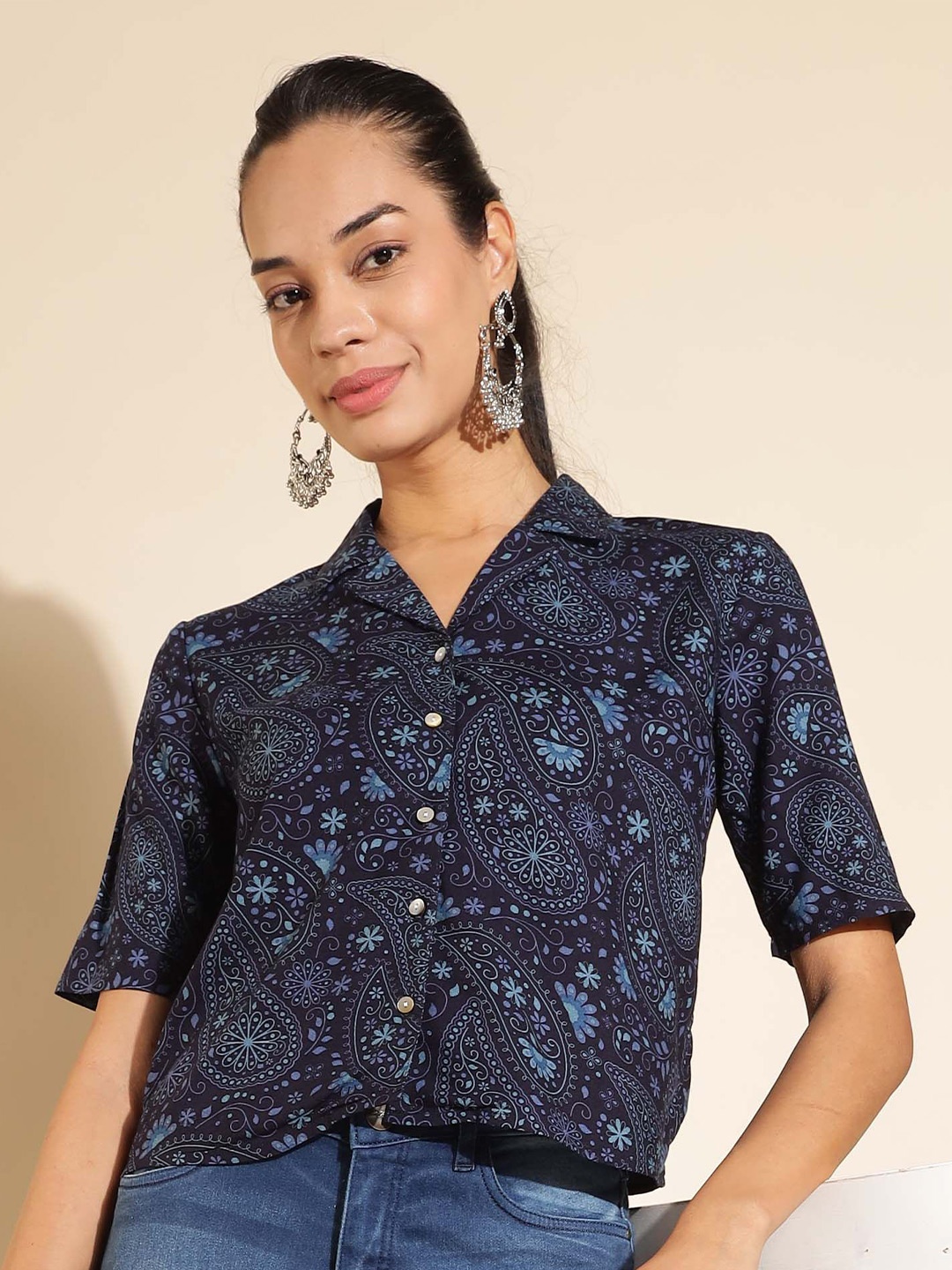 

HERE&NOW Women Slim Fit Floral Opaque Printed Casual Shirt, Blue