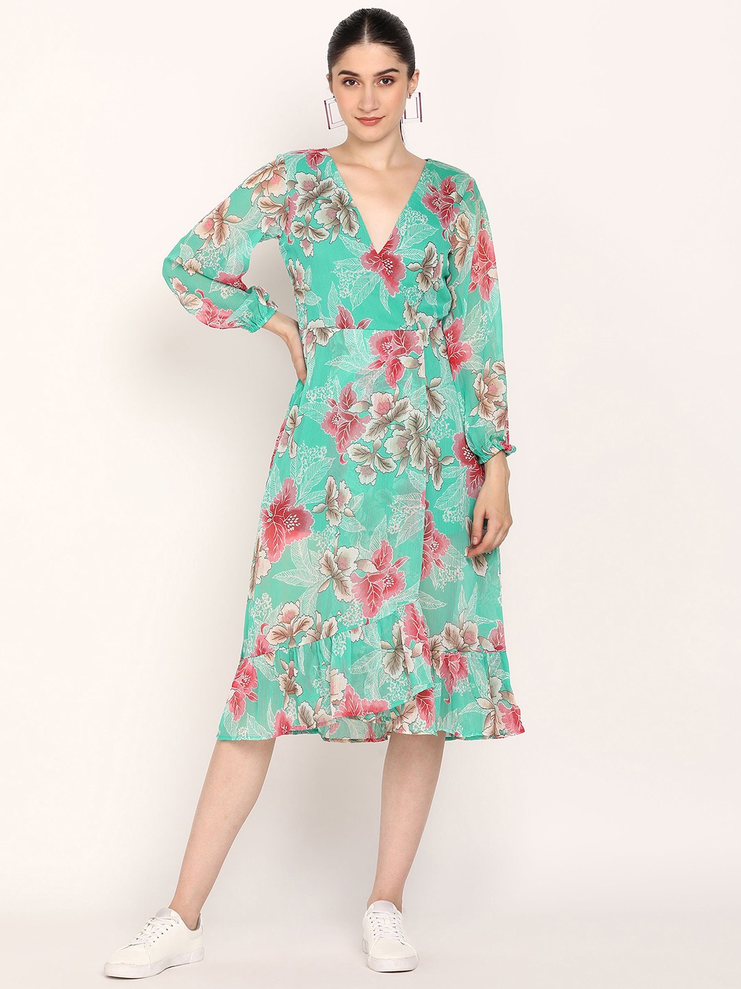 

DODO & MOA Floral Print Georgette Midi Dress, Green