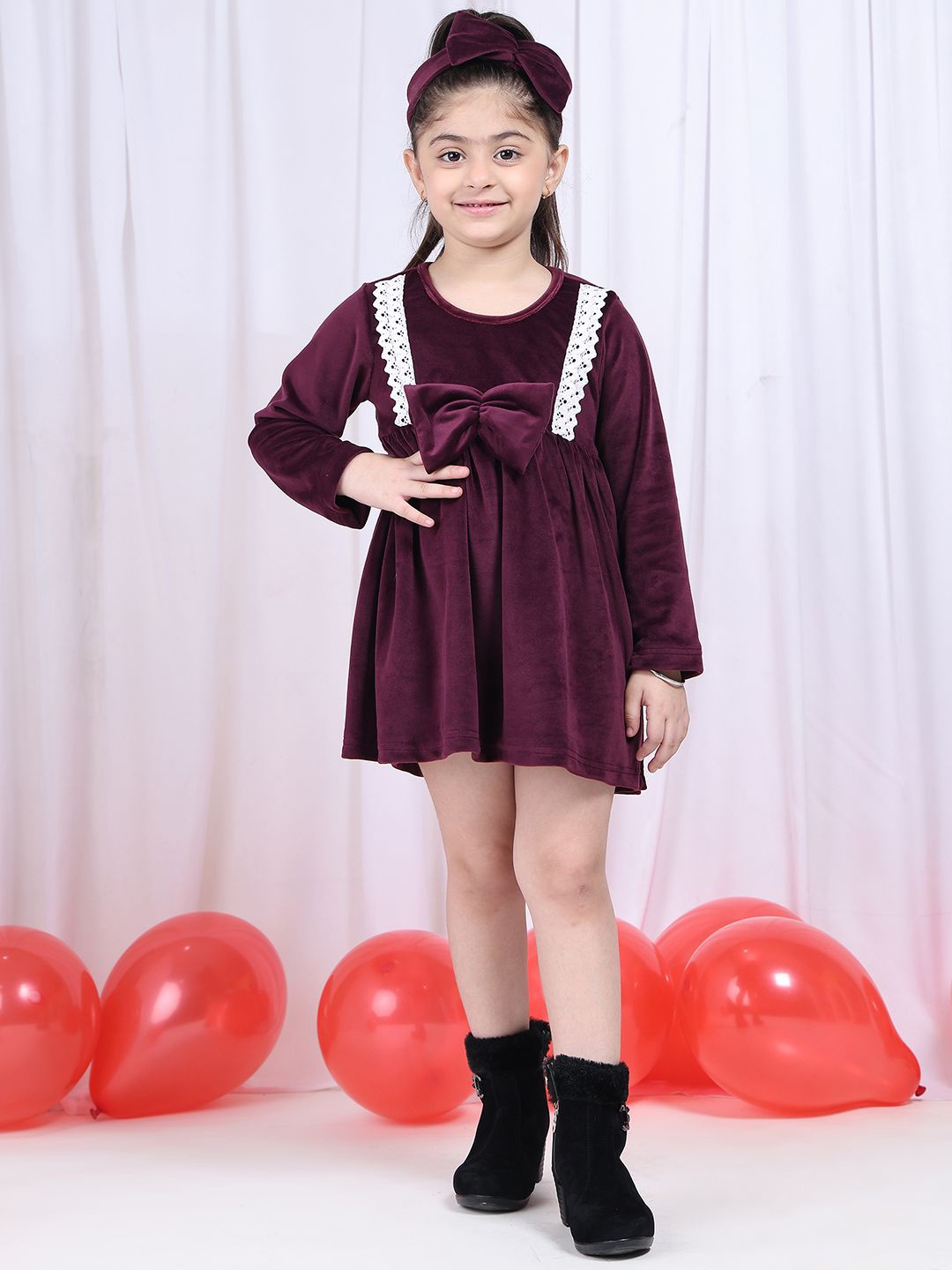 

NEUDIS Girls Round Neck A-Line Dress, Burgundy