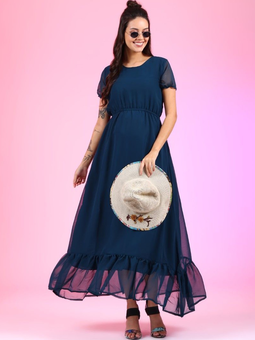 

Femvy Georgette Fit & Flare Maxi Dress, Blue