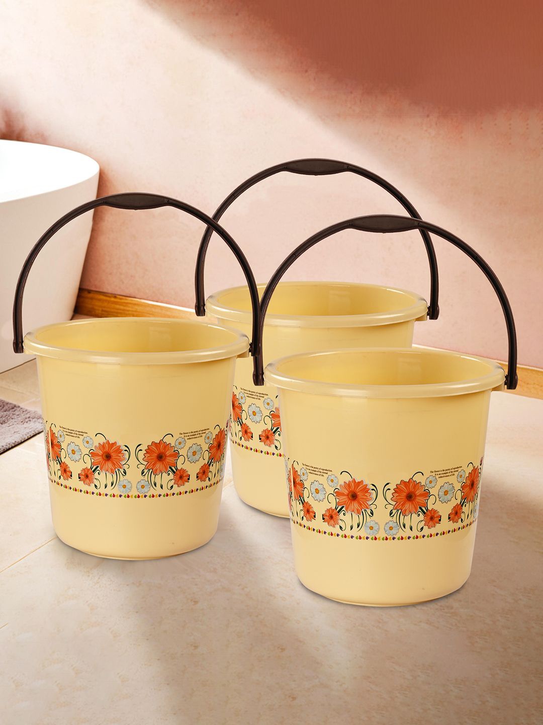 

Kuber Industries Cream-Coloured & Orange-Coloured 3 Pieces Floral Printed Buckets-18 L