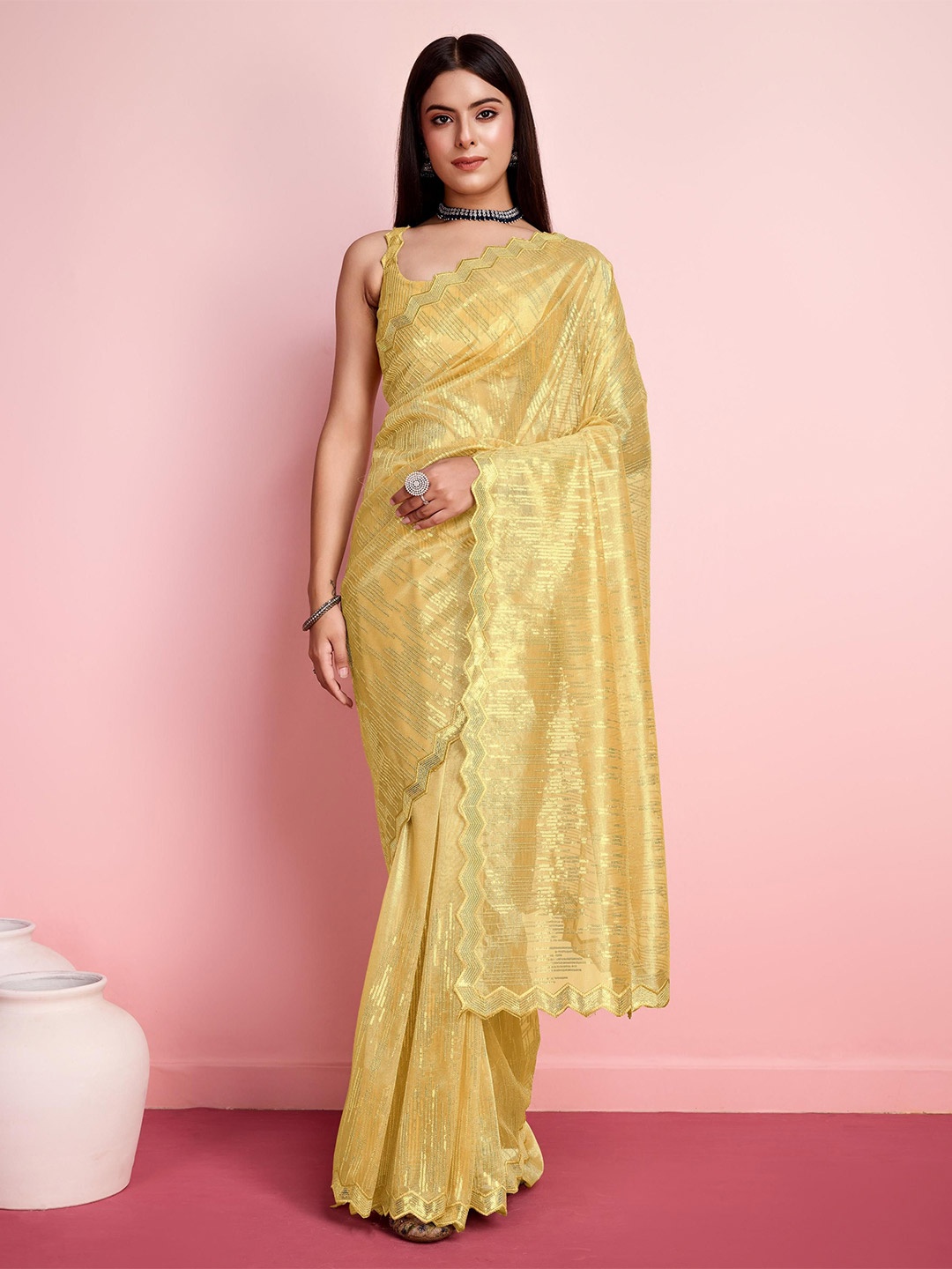 

HERE&NOW Striped Sequined Embellished Net Saree, Yellow