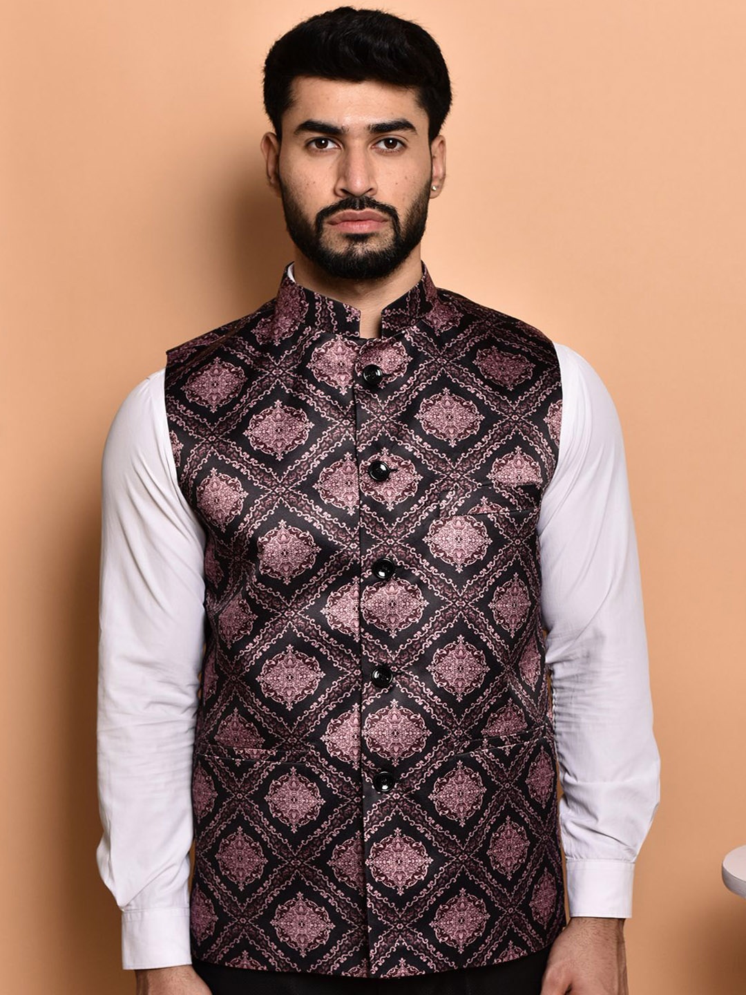 

PRINTINDIA Men Printed Mandarin Collar Nehru Jacket, Black