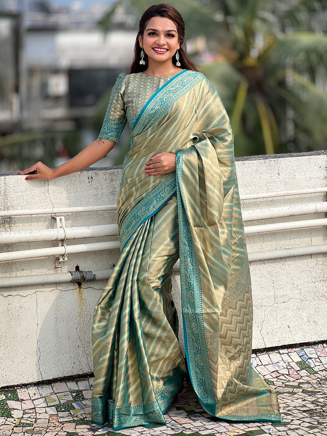 

Mitera Woven Design Zari Silk Blend Banarasi Saree, Blue