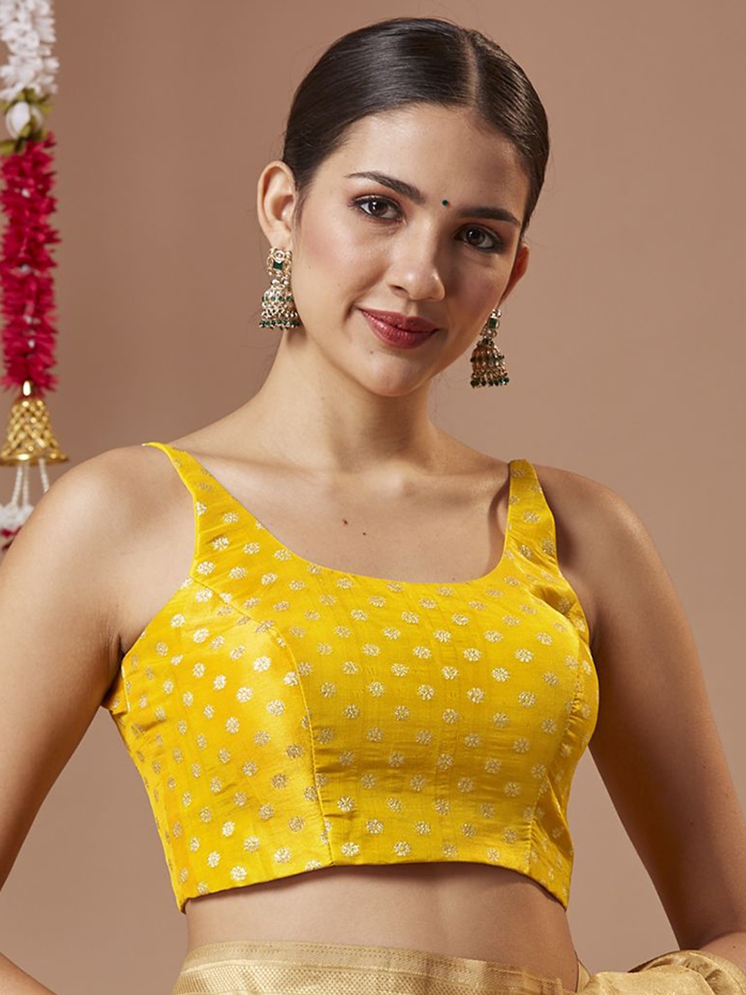 

SALWAR STUDIO Brocade Round Neck Padded Sleeveless Spaghetti Strap Readymade Blouse, Yellow