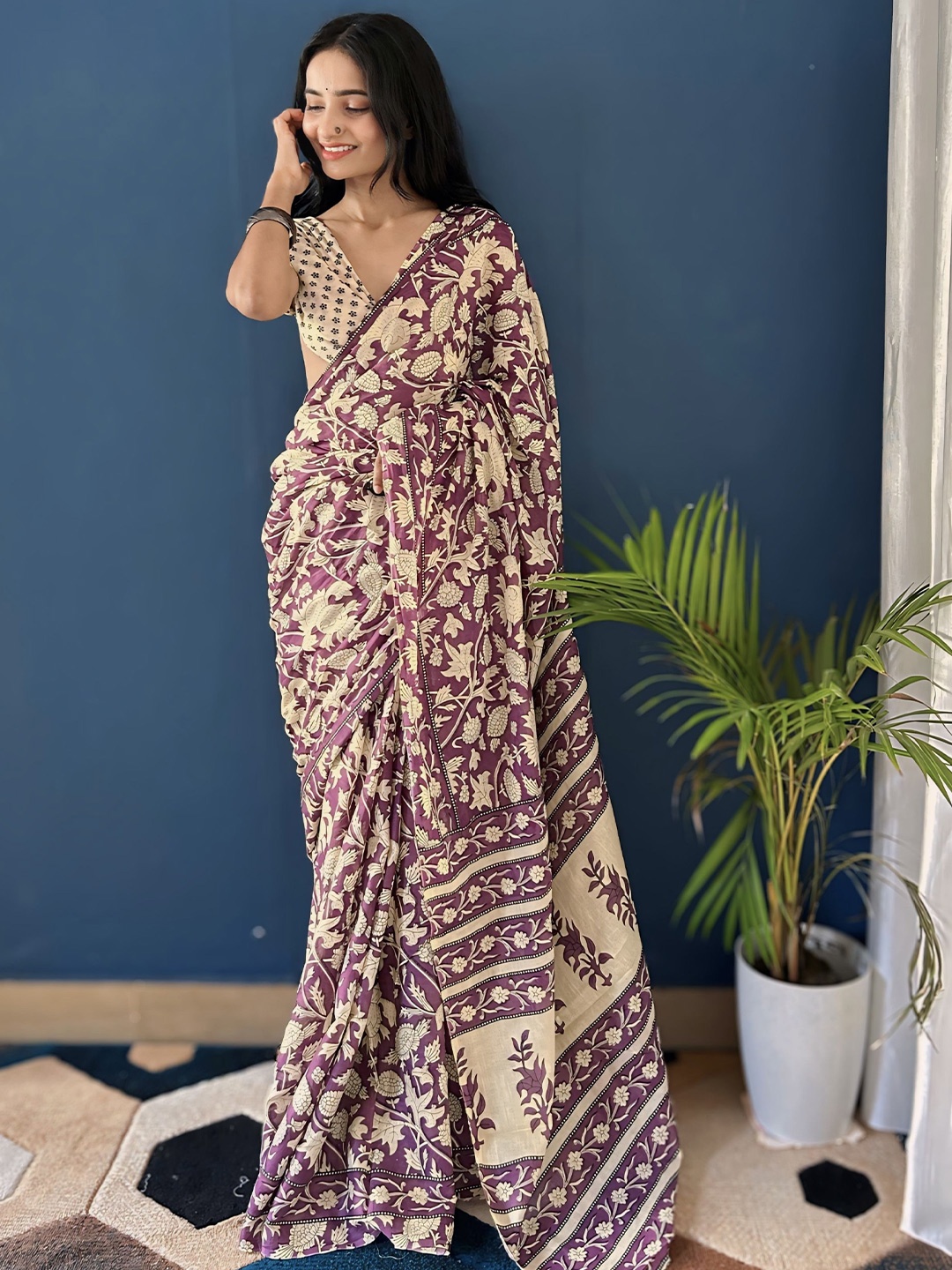 

HERE&NOW Kalamkari Pure Cotton Saree, Beige