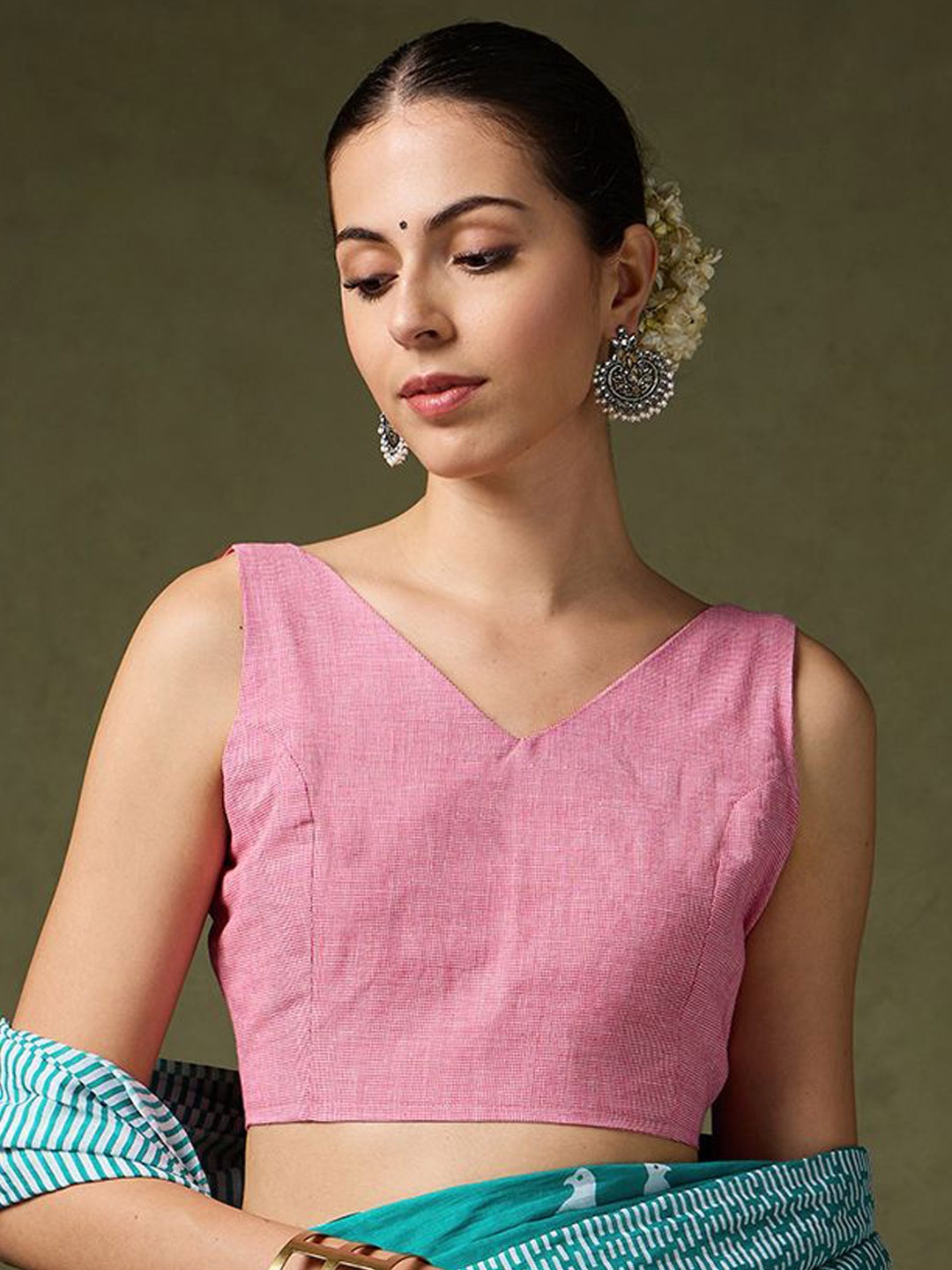 

Saaki Checkered V-Neck Saree Blouse, Pink