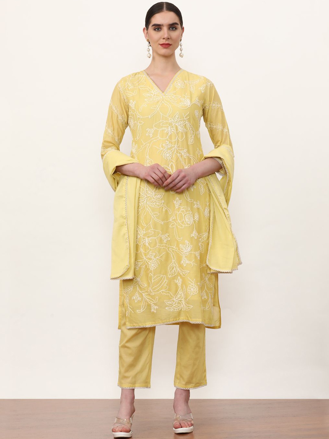 

Jaipur Kurti Women Floral Embroidered Regular Thread Work Pure Cotton Kurta with Trousers & With Dupatta, Mustard