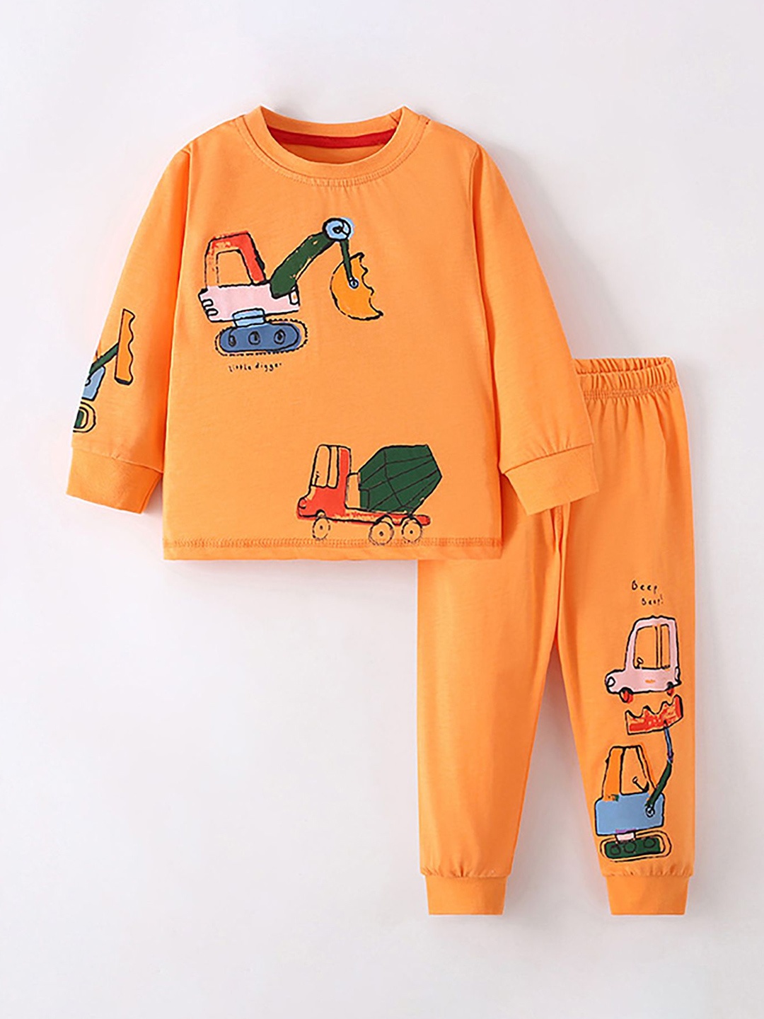 

LULU & SKY Girls Printed Pure Cotton Sweatshirt & Joggers Night Suit, Orange