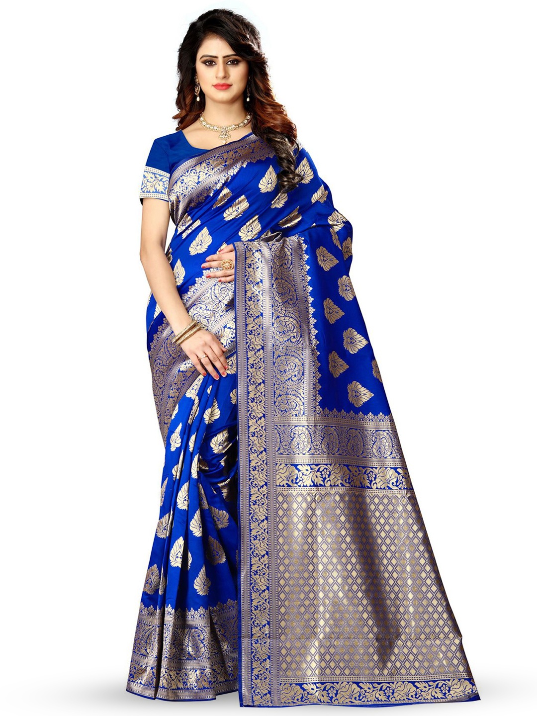 

KALINI Woven Design Zari Silk Blend Designer Kanjeevaram Saree, Blue