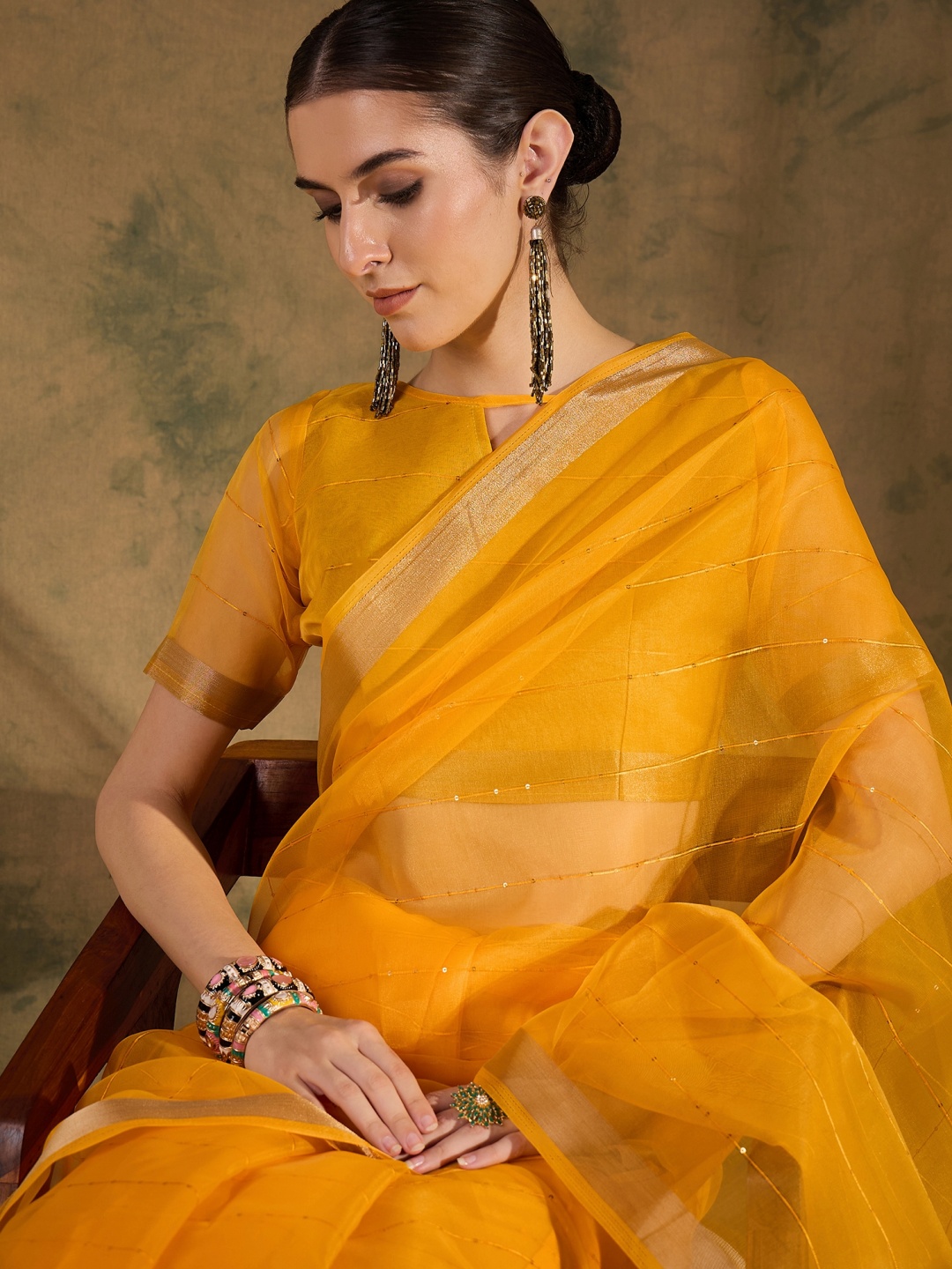 

A.V.M Prints Sequinned Striped Saree, Yellow