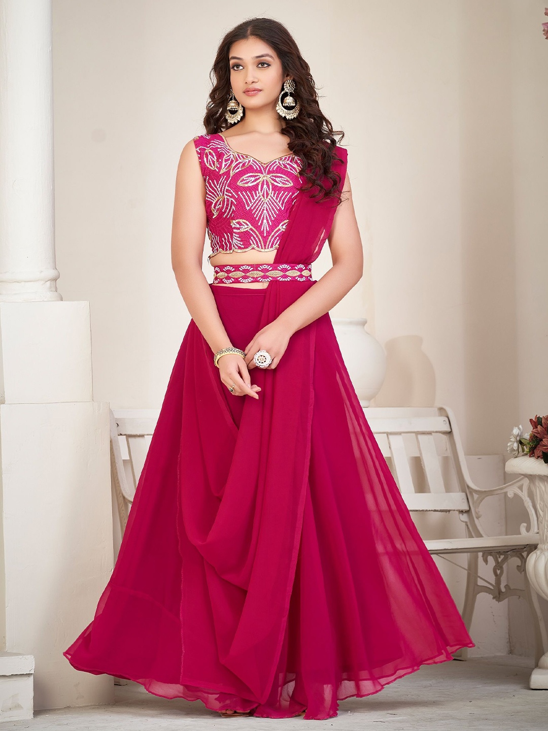 

Warthy Ent Embroidered Thread Work Semi-Stitched Lehenga & Unstitched Blouse With Dupatta, Pink