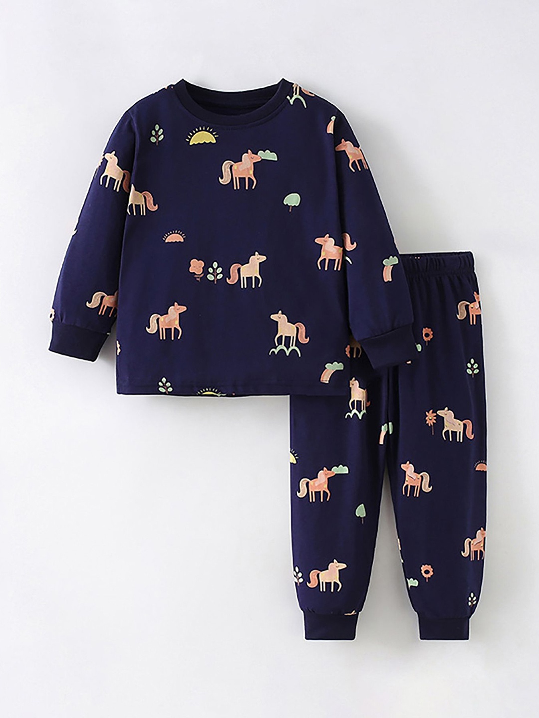 

LULU & SKY Girls Printed Pure Cotton Night suit, Navy blue