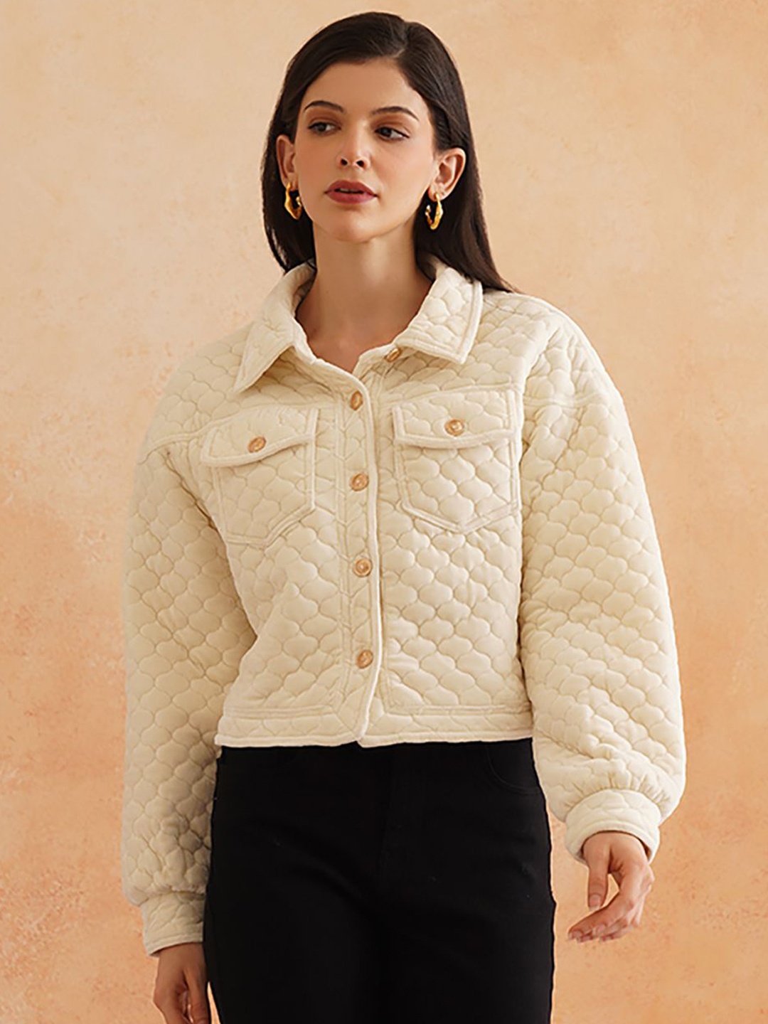 

Beatnik Women Spread Collar Solid Casual Bomber Jacket, Cream
