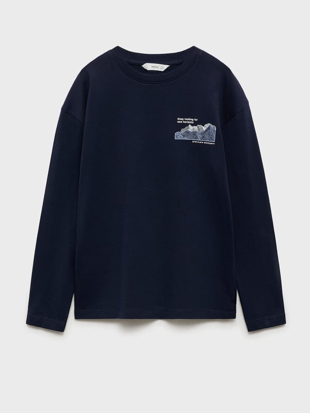 

Mango Kids Boys Graphic Printed Drop-Shoulder Sleeves Pure Cotton T-shirt, Navy blue