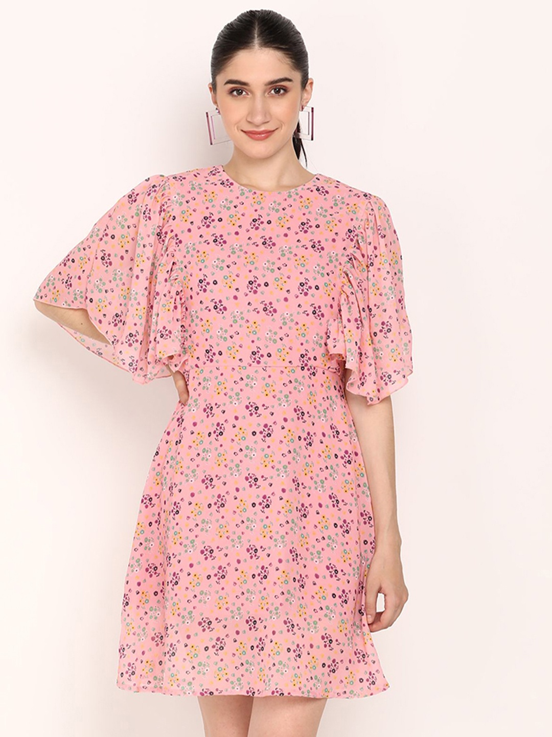 

DODO & MOA Floral Print Flared Sleeve Georgette Fit & Flare Dress, Pink