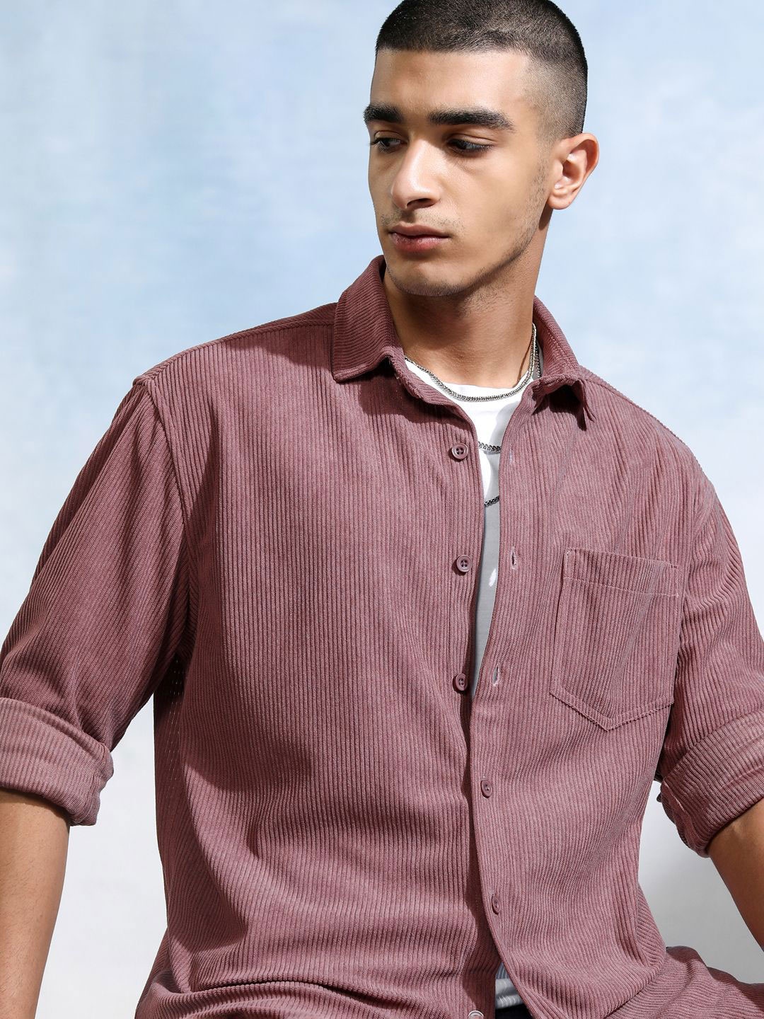 

HIGHLANDER Men Corduroy Textured Relaxed Shirt, Pink