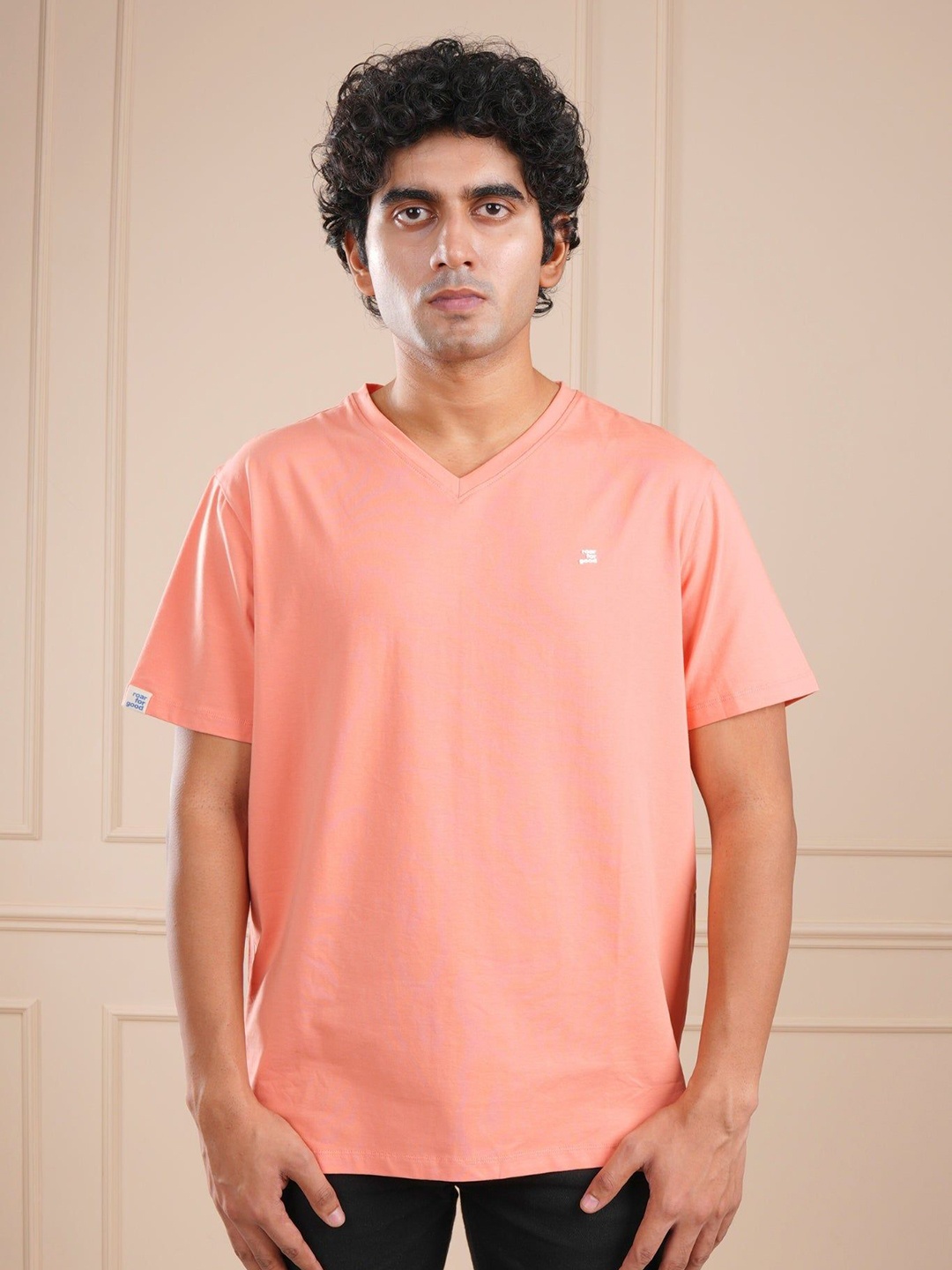 

ROAR FOR GOOD Men Solid V-Neck Organic Cotton T-shirt, Peach