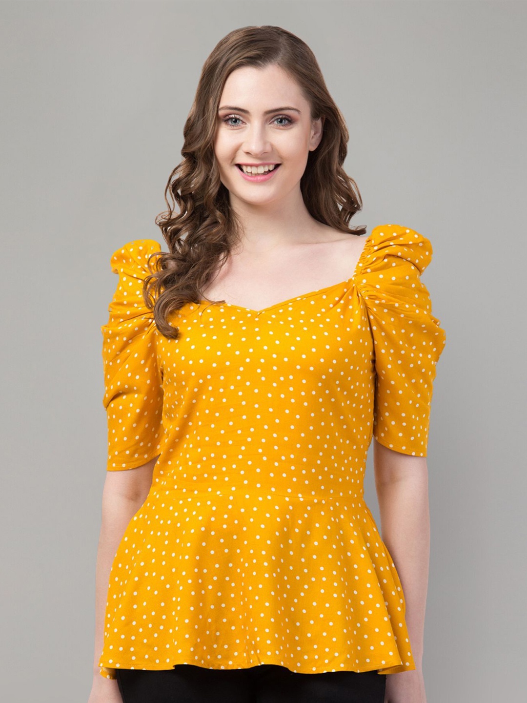 

Zuvino Polka Dot Print Sweetheart Neck Puff Sleeve Peplum Top, Mustard