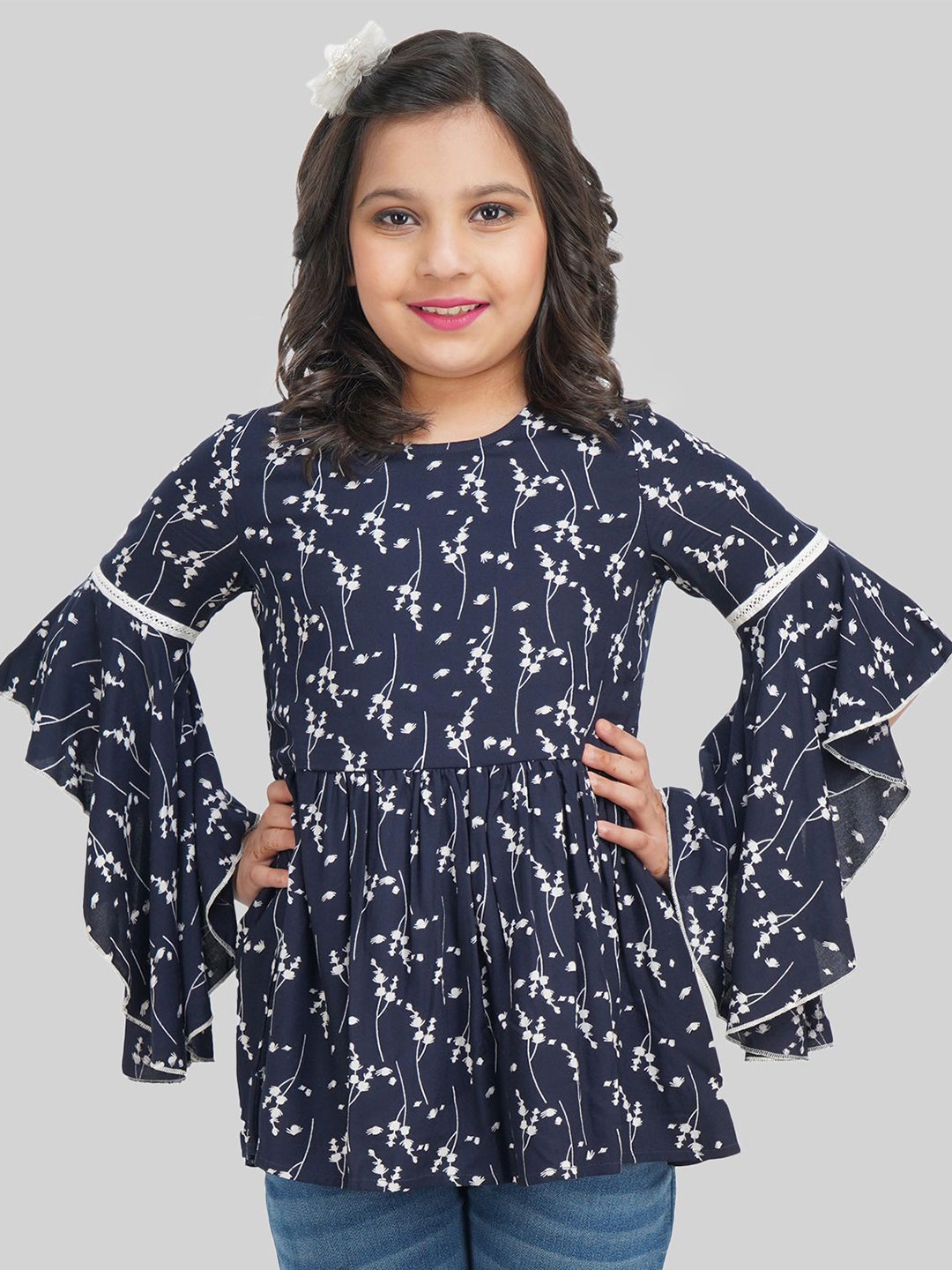 

BEING NAUGHTY Girls Floral Printed Bell Sleeve Blouson Top, Blue