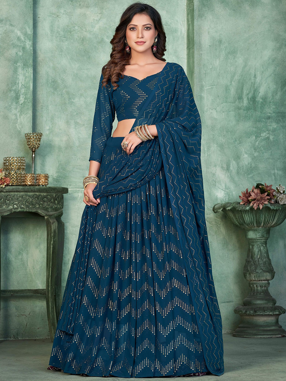 

Warthy Ent Embroidered Thread Work Semi-Stitched Lehenga & Unstitched Blouse With Dupatta, Turquoise blue