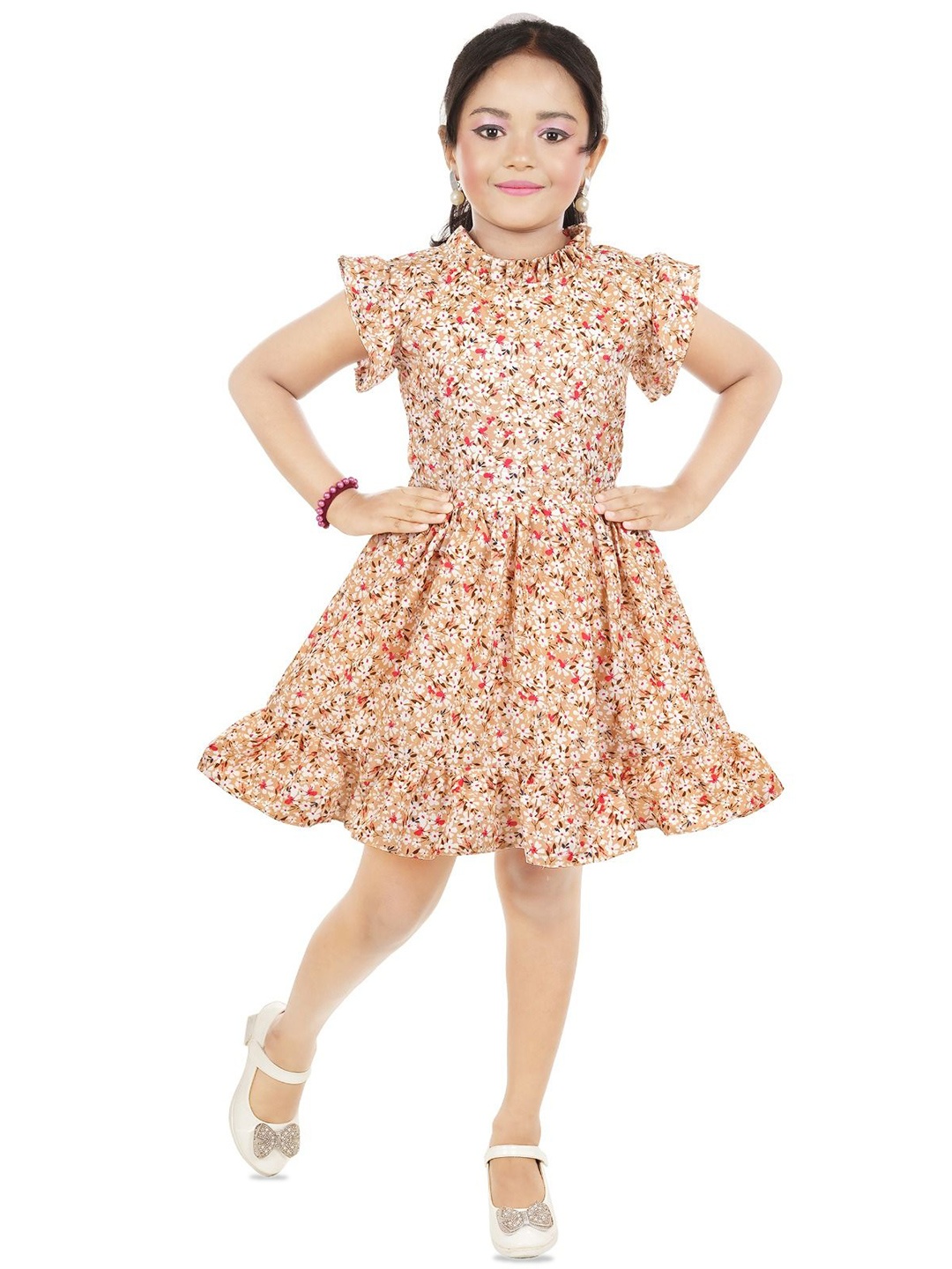 

BAESD Floral Print Flutter Sleeve Georgette A-Line Dress, Beige