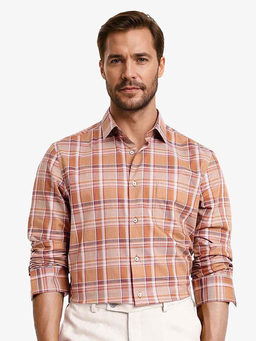 

RARE RABBIT Men Comfort Spread Collar Checked Cotton Casual Shirt, Orange
