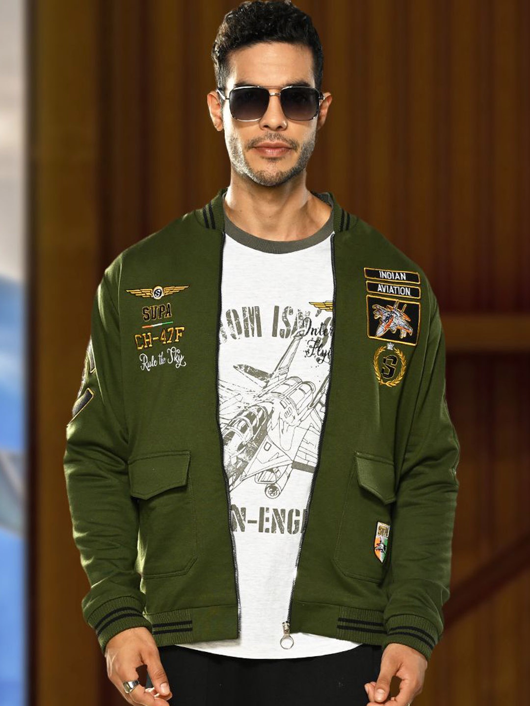 

Supa Men Stand Collar Typography Printed Casual Bomber Jacket, Olive