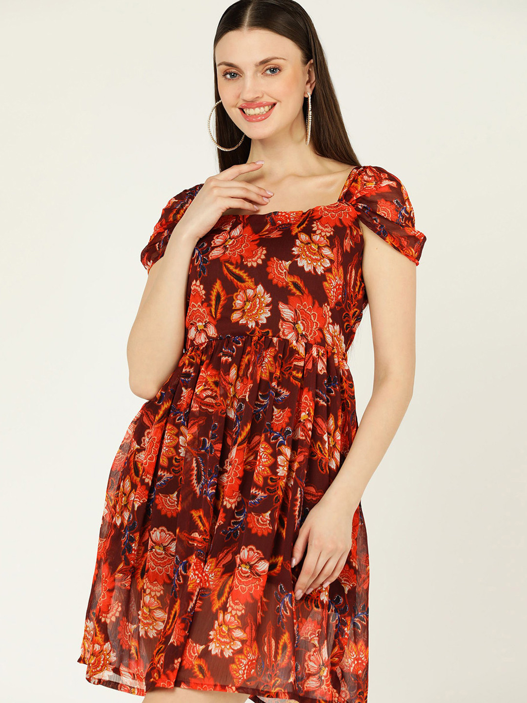 

DODO & MOA Floral Print Georgette Fit & Flare Dress, Red