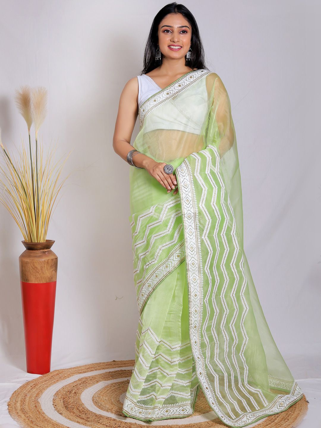 

Anouk Organza Saree, Lime green