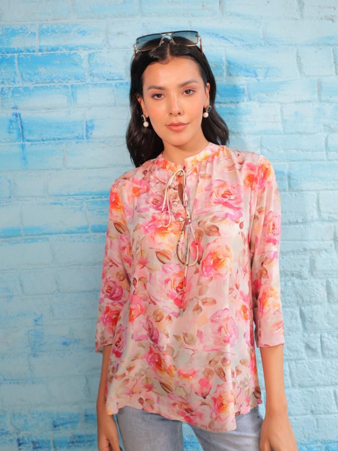 

Komarri U Floral Print Mandarin Collar Crepe Top, Pink