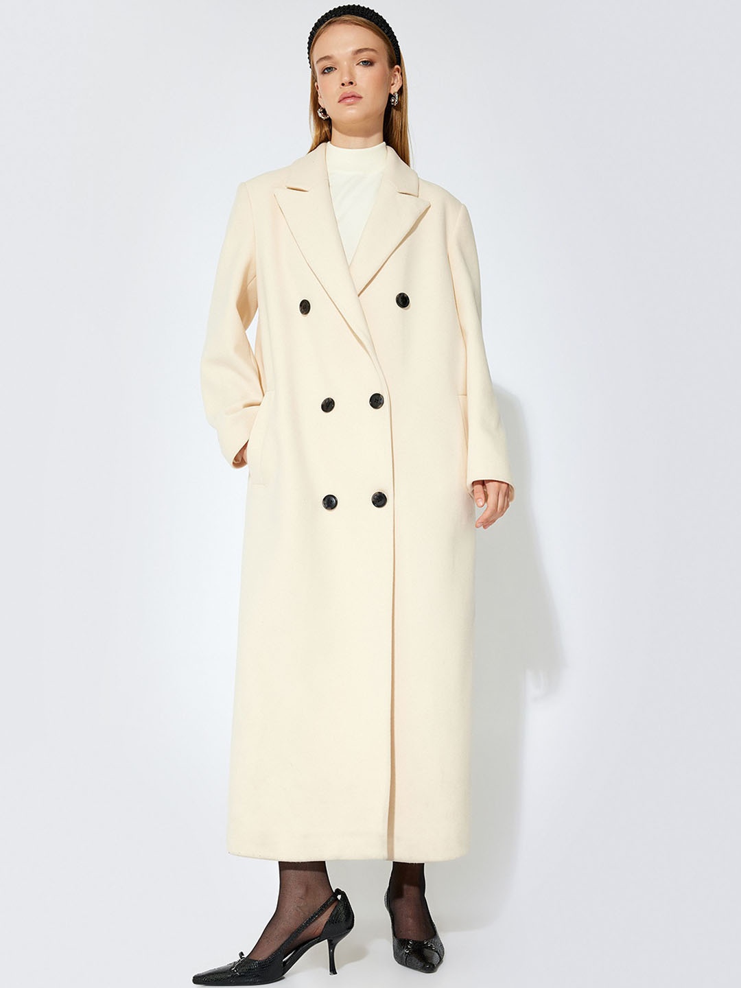 

Koton Notched Lapel Collar Long Coat, Beige