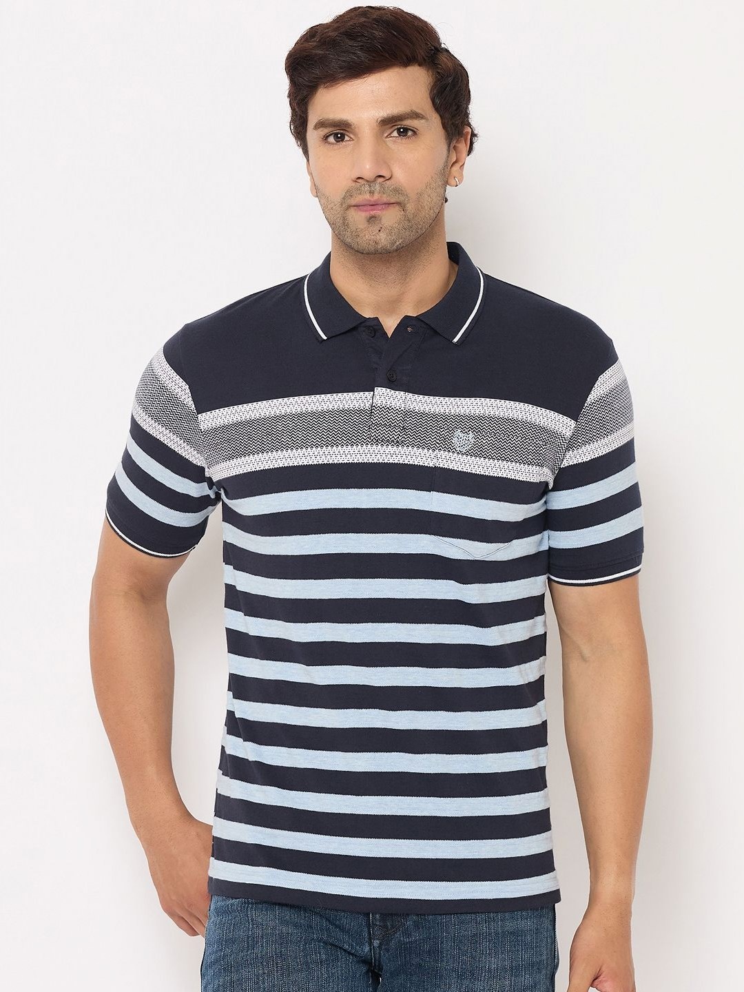 

Duke Men Striped Polo Collar Cotton T-shirt, Navy blue