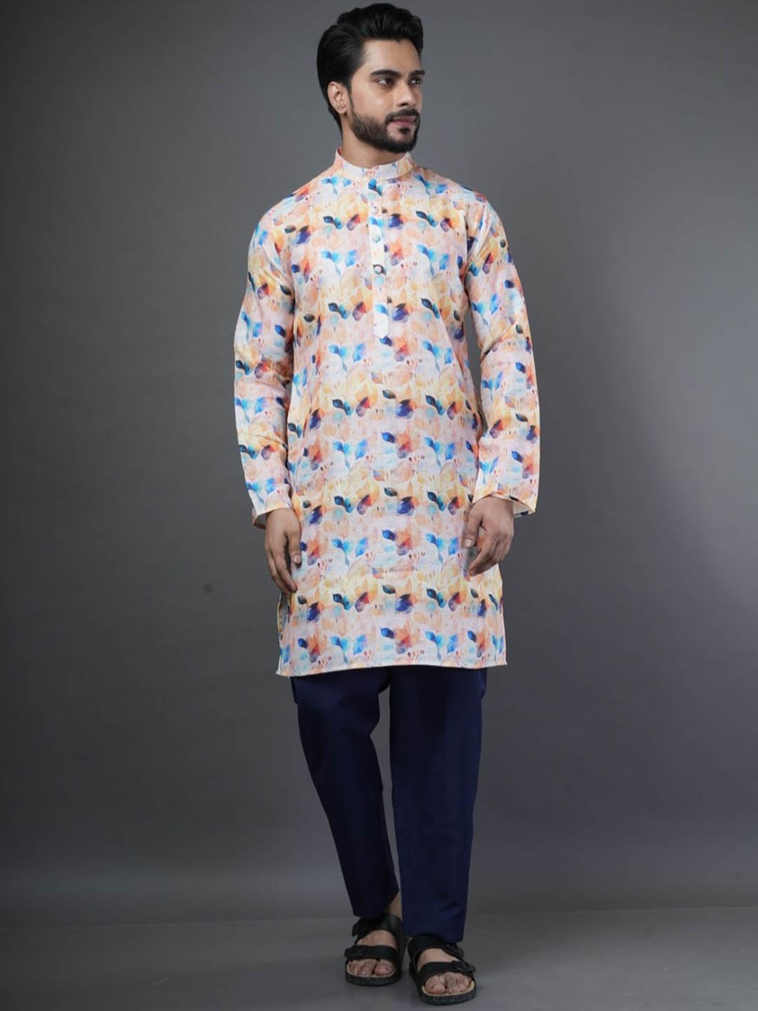 

ARYA Men Printed Regular Linen Kurta with Pyjamas, White