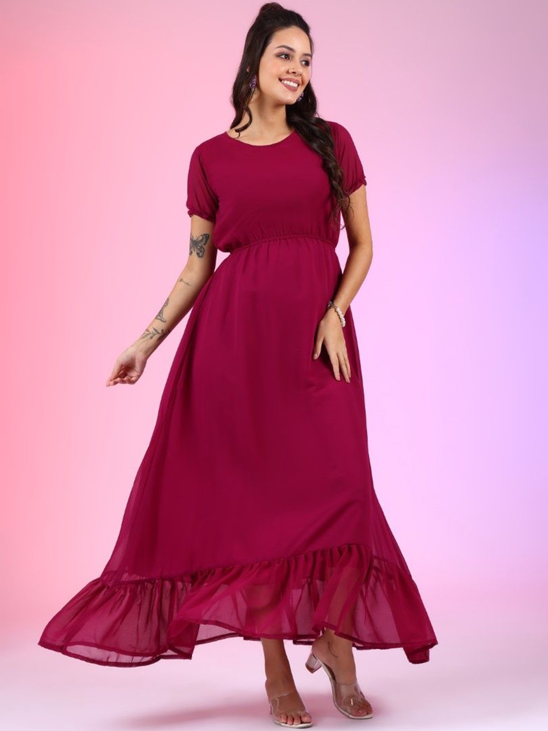 

Femvy Georgette Fit & Flare Maxi Dress, Magenta