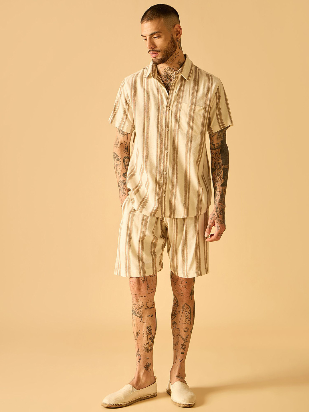 

AKS Striped Pure Cotton Shirt & Shorts Co-Ords, Beige