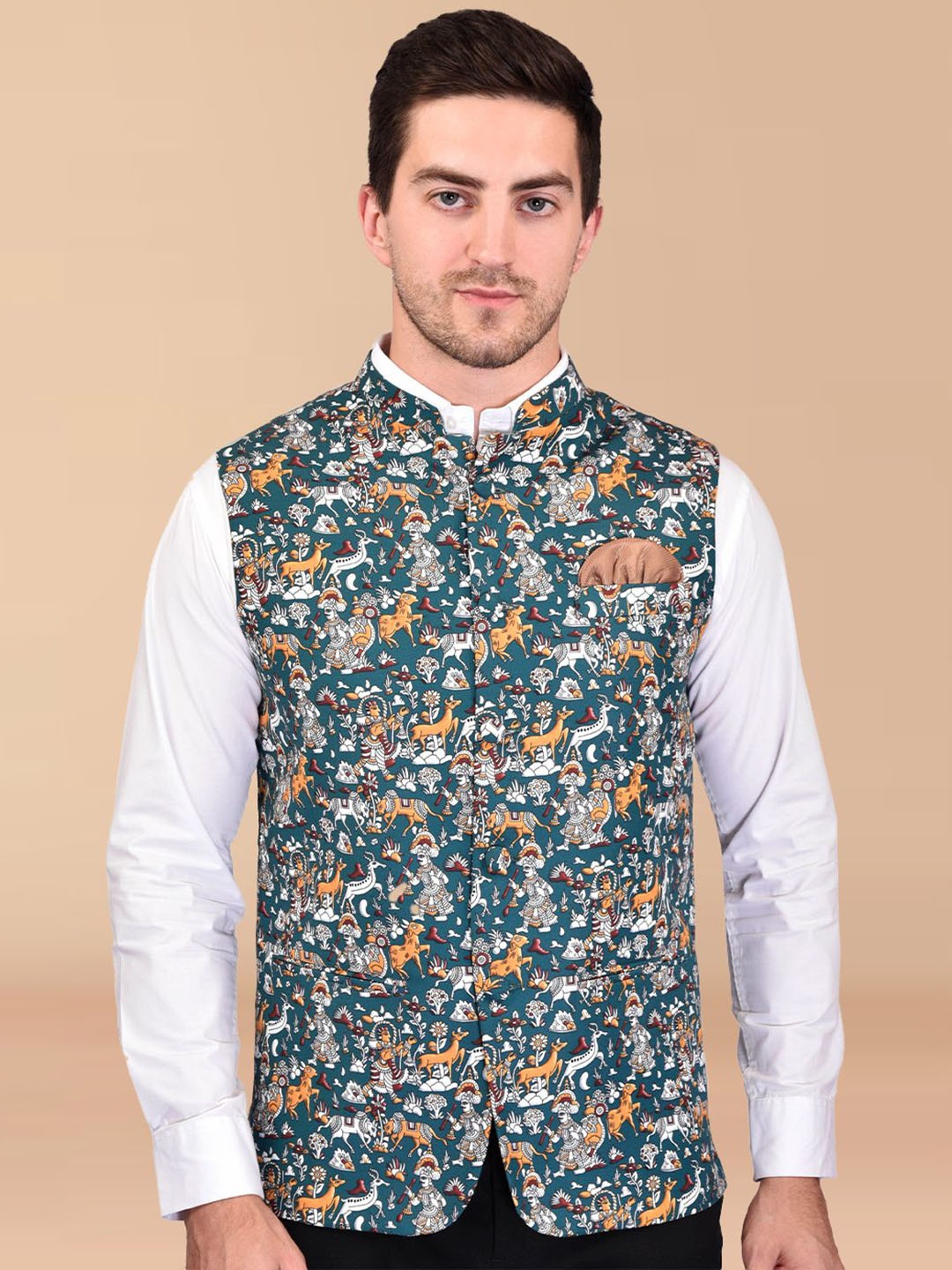 

PRINTINDIA Men Printed Woven Nehru Jacket, Blue