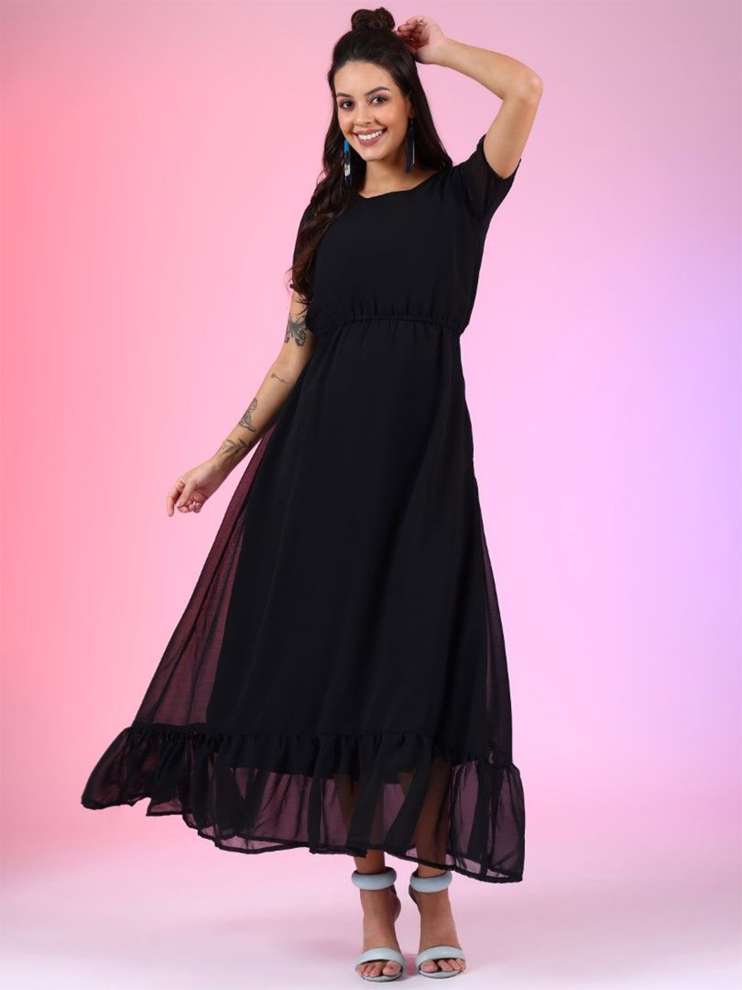 

Femvy Georgette Fit & Flare Maxi Dress, Black