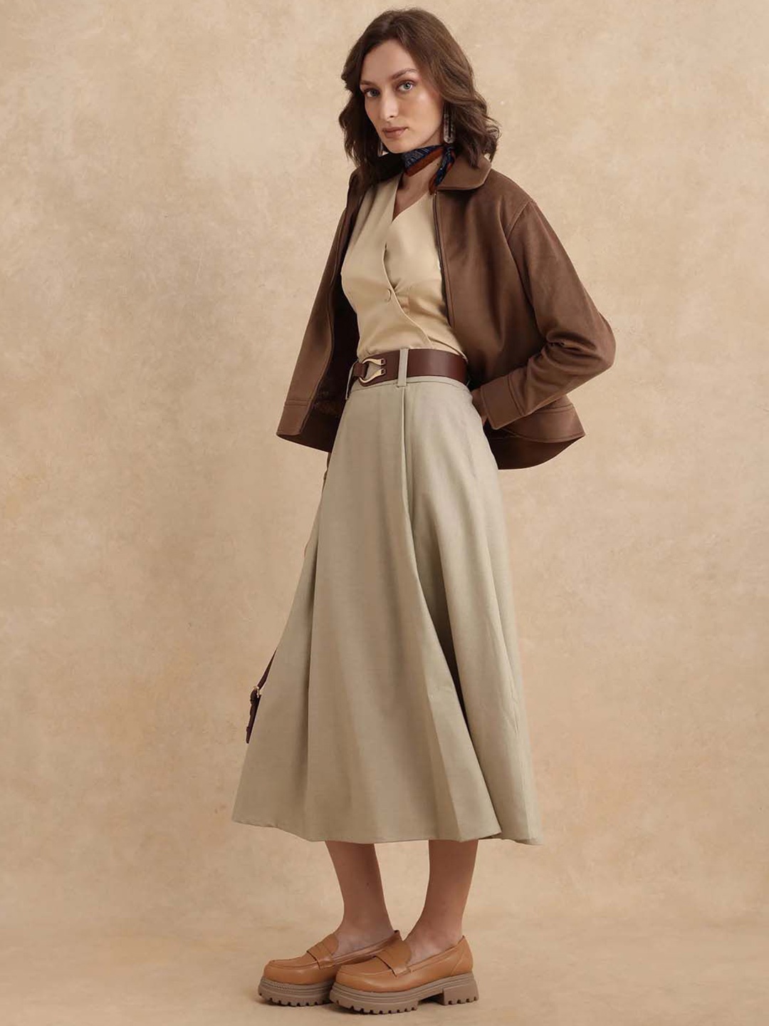 

RAREISM Pleated A-Line Midi Skirt, Beige